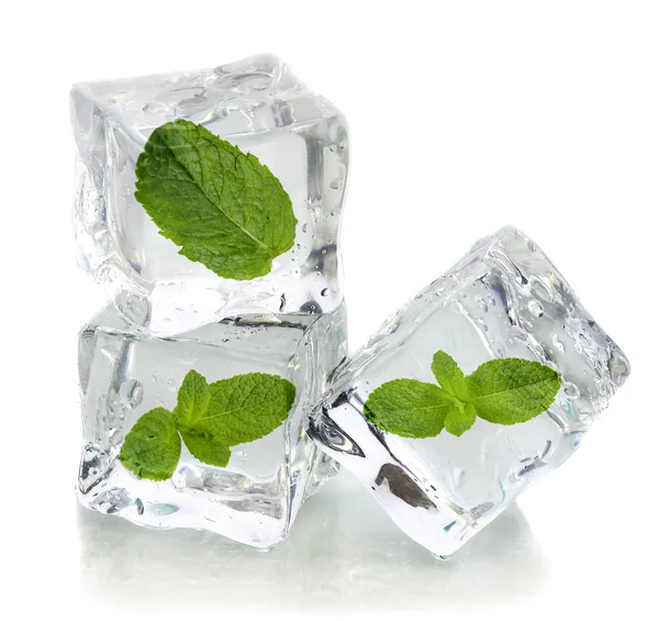 Кубики льоду з м'ятою, ізольовані на білому — стокове фото