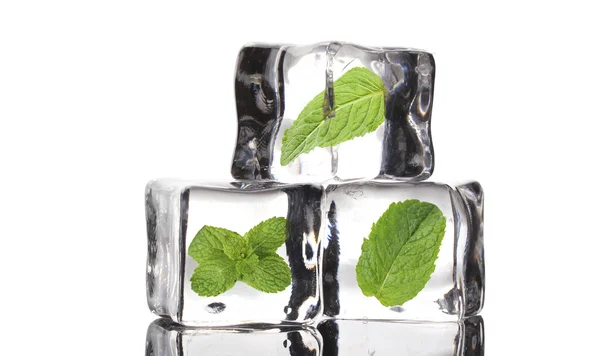 Cubos de hielo con menta, aislados en blanco — Foto de Stock