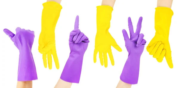 Hands in colorful gloves gesturing numbers isolated on white — Stock Photo, Image