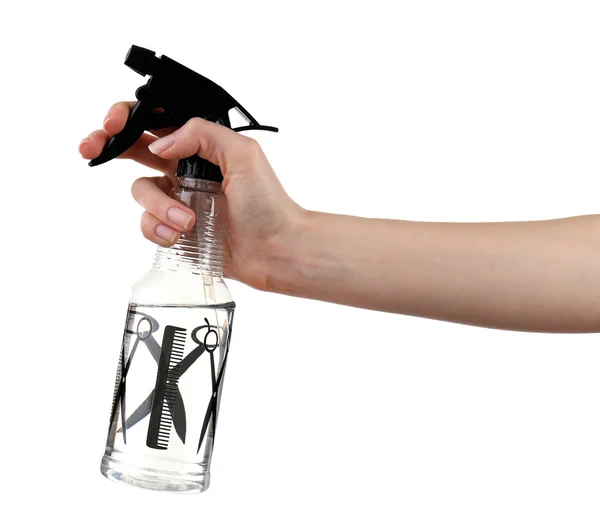 Weibliche Hand mit Sprayer isoliert auf weiß — Stockfoto