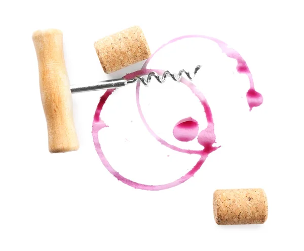 Wine stains, corks and corkscrew — Stock Photo, Image