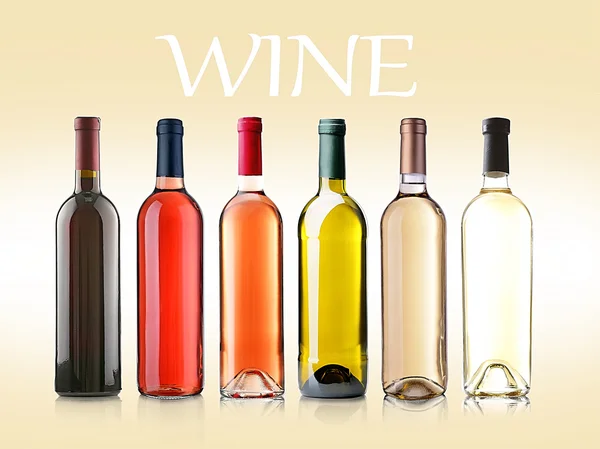 Garrafas de vinho em fila no fundo claro — Fotografia de Stock