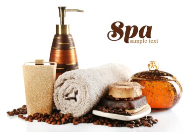 Kozmetik şişe, sabun ve havlu, beyaz izole bileşimi