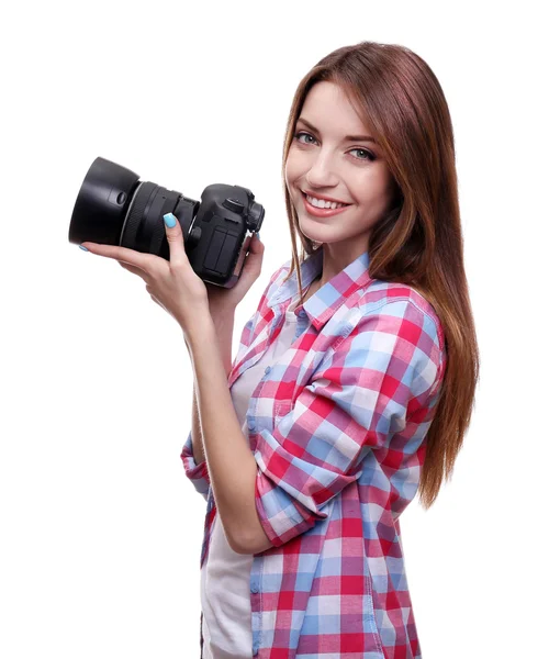Młoda kobieta fotograf robienia zdjęć na białym tle — Zdjęcie stockowe