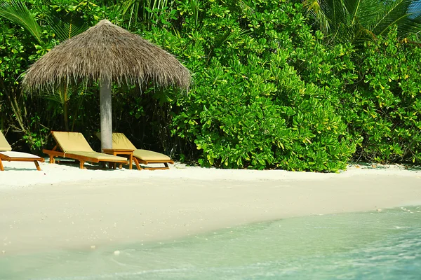 Лежаки на красивом пляже в курорте — стоковое фото