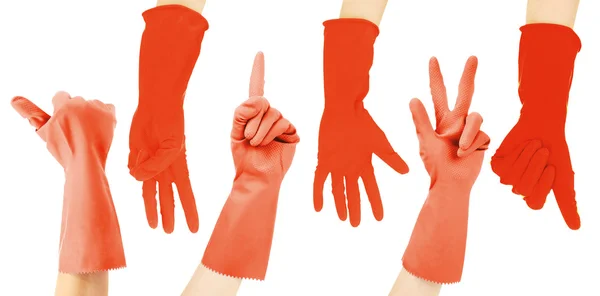 Hands in red gloves gesturing numbers isolated on white — Stock Photo, Image