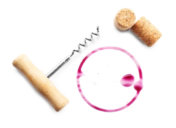 Wine stain, corks and corkscrew  isolated on white — Stock Photo, Image