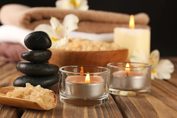 Spa still life on wooden table and black background — Stock Photo, Image