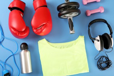 spor malzemeleri ve t-shirt üzerinde renk tablosu, üstten görünüm