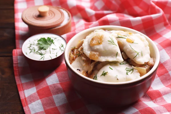 Dumplings with fried onion — Stock Photo, Image