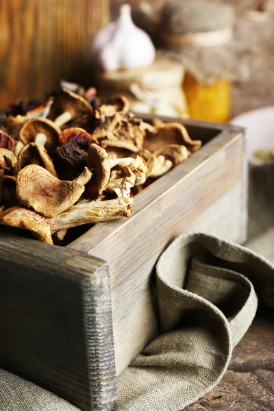 Dried mushrooms in crate, closeup — Stock Photo, Image