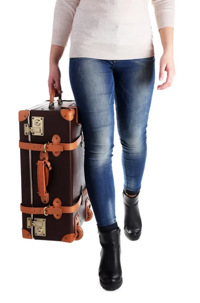 Woman with brown suitcase — Stock Photo, Image