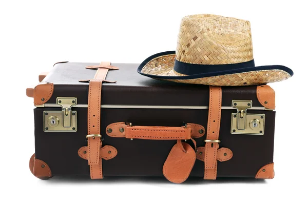 Suitcase and straw hat — Stock Photo, Image