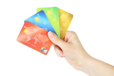 kredi kartları, üzerinde beyaz izole tutan el