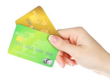 kredi kartları, üzerinde beyaz izole tutan el