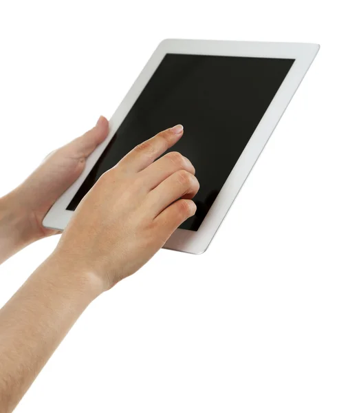 Женские руки, держащие цифровые таблетки изолированы на белом — стоковое фото
