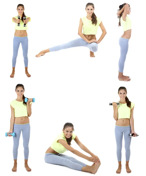 Hermosa joven haciendo ejercicios en collage con espacio para texto —  Fotos de Stock
