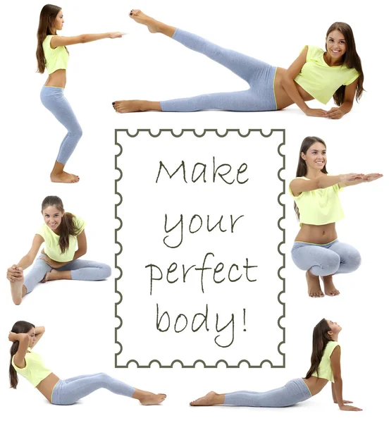 Beautiful young woman doing exercises in collage with space for text — Stock Photo, Image