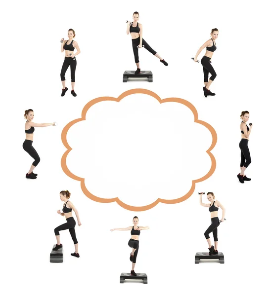 Mulher bonita fazendo exercícios em colagem com espaço para texto — Fotografia de Stock