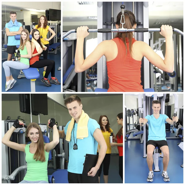 Collage Fotos Con Jóvenes Entrenando Gimnasio —  Fotos de Stock