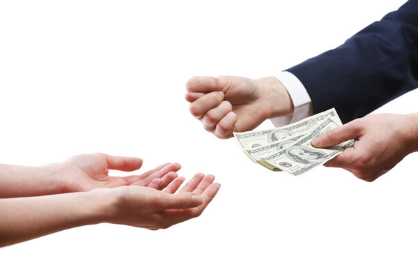 Fig from businessman with money to female isolated on white