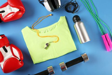 spor malzemeleri ve t-shirt üzerinde renk tablosu, üstten görünüm