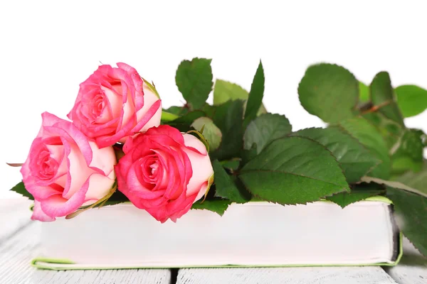 Beautiful roses with book isolated on white — Stock Photo, Image