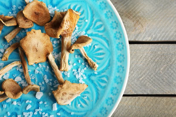 Sušené houby na barvu štítku na dřevěný stůl, pohled shora — Stock fotografie