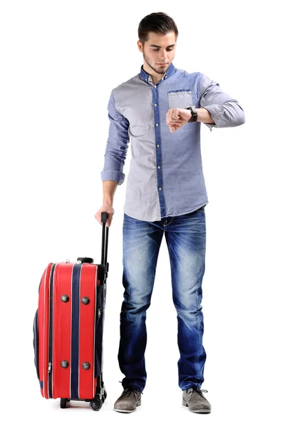 Uomo in camicia blu e jeans con valigia isolata su bianco — Foto Stock