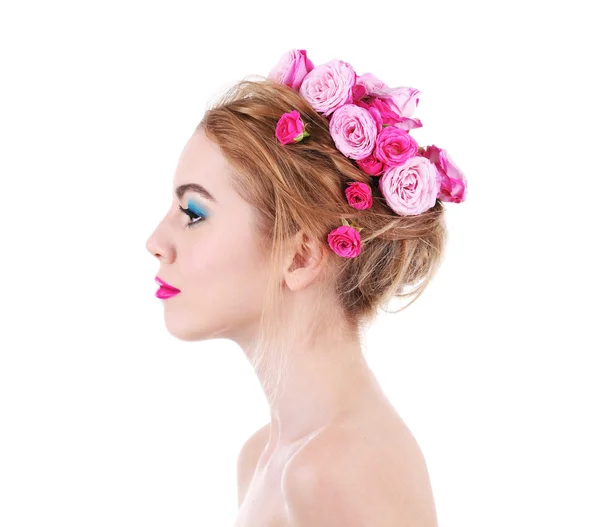 Portrait of young woman with flowers in hair isolated on white — Stock Photo, Image