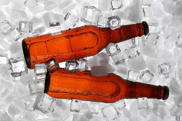 Glass bottles of beer on ice cubes background — Stock Photo, Image