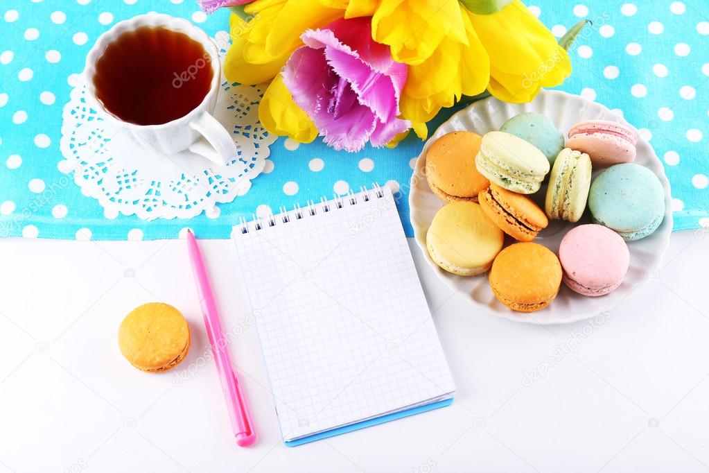 Composition with good morning top view on wooden background