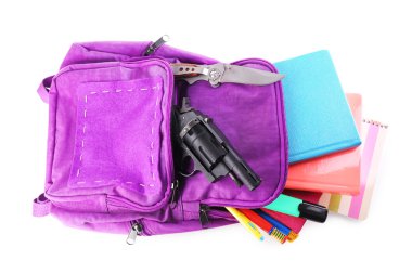 Gun in school backpack, isolated on white clipart
