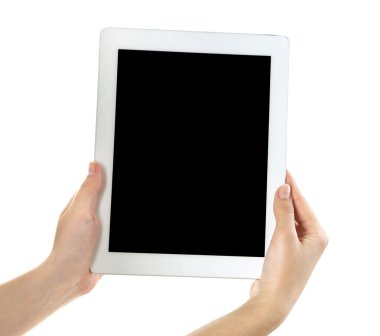 Dijital tablet üzerinde beyaz izole tutan eller