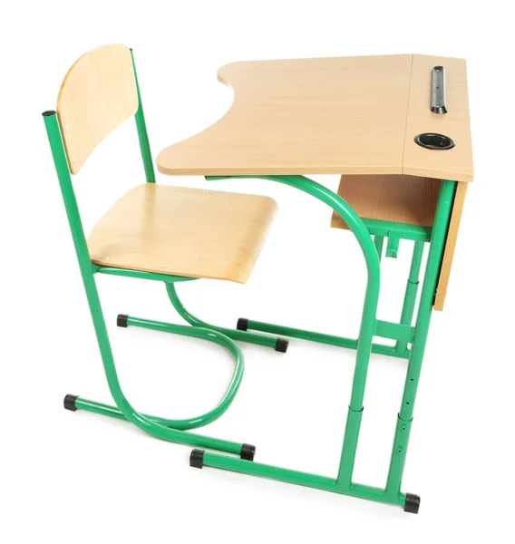 Bureau et chaise en bois isolés sur blanc — Photo