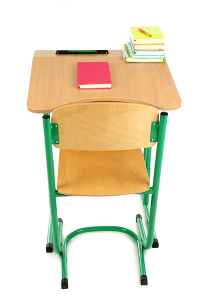 Bureau en bois avec papeterie isolée sur blanc — Photo