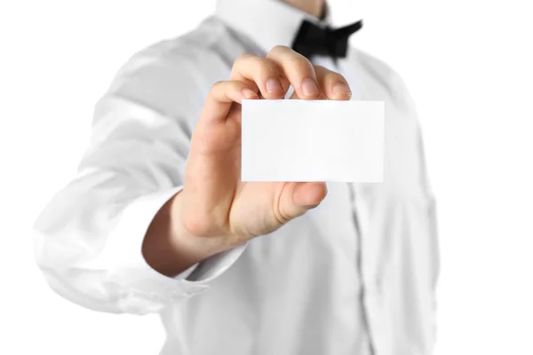 Elegant man holding business card, isolated on white — Stock Photo, Image