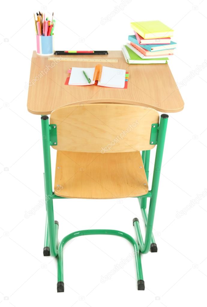 Wooden desk with stationery isolated on white 
