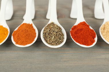 Ahşap zemin üzerine kaşık baharat çeşitleri