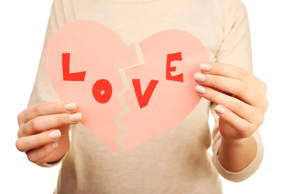 Woman holding broken heart close up — Stock Photo, Image