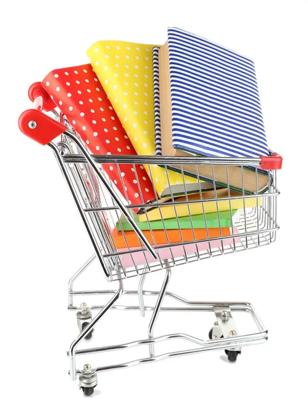 Carrinho de compras com livros isolados em branco — Fotografia de Stock