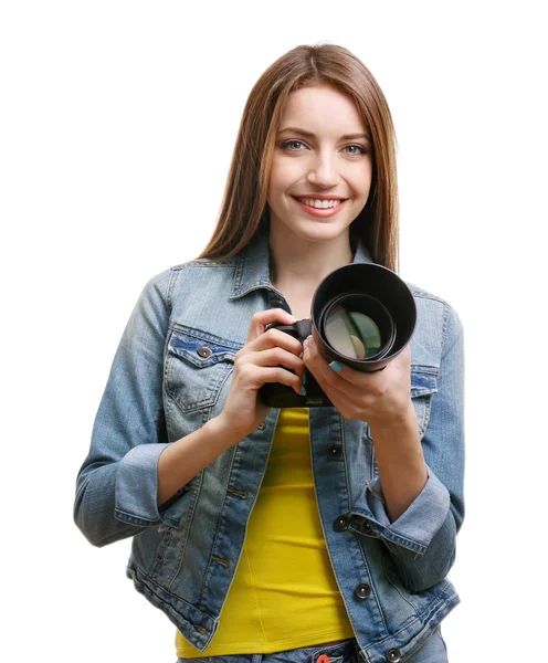 Jovem fotógrafa tirando fotos isoladas em branco — Fotografia de Stock