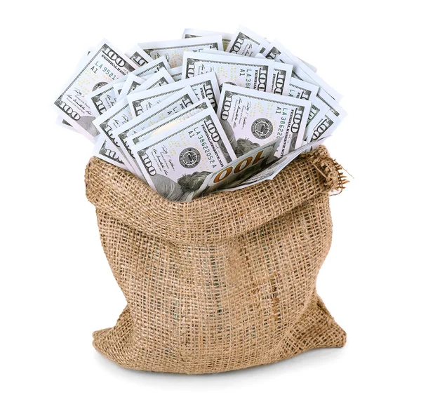 Dinheiro em saco isolado em branco — Fotografia de Stock