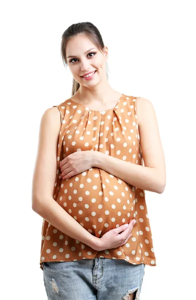 Hamile kadın üzerinde beyaz izole portresi — Stok fotoğraf