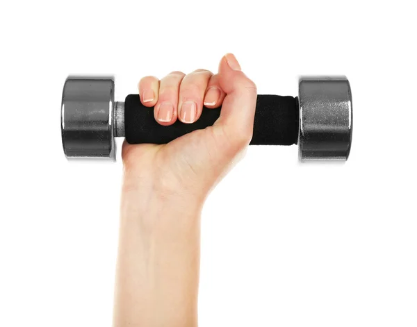 Mannenhand met dumbbell geïsoleerd op wit — Stockfoto