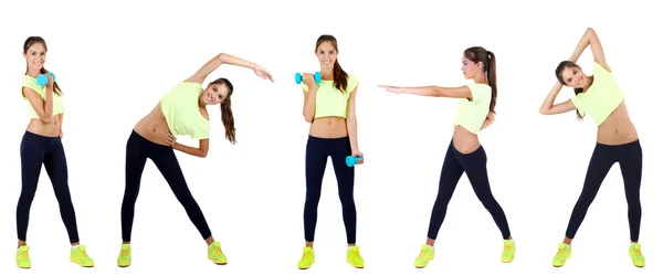 Hermosa joven haciendo ejercicios en collage —  Fotos de Stock
