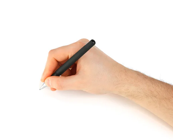 男性的手与笔上白色隔离 — 图库照片