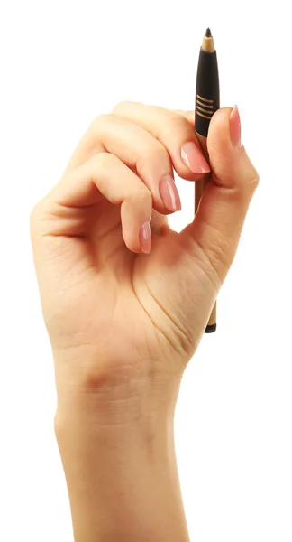 Mano femminile con penna isolata su bianco — Foto Stock