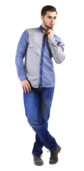 Uomo in camicia blu e jeans isolato su bianco — Foto Stock