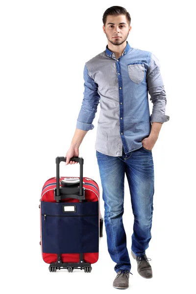 Hombre de camisa azul y jeans con maleta aislada en blanco — Foto de Stock